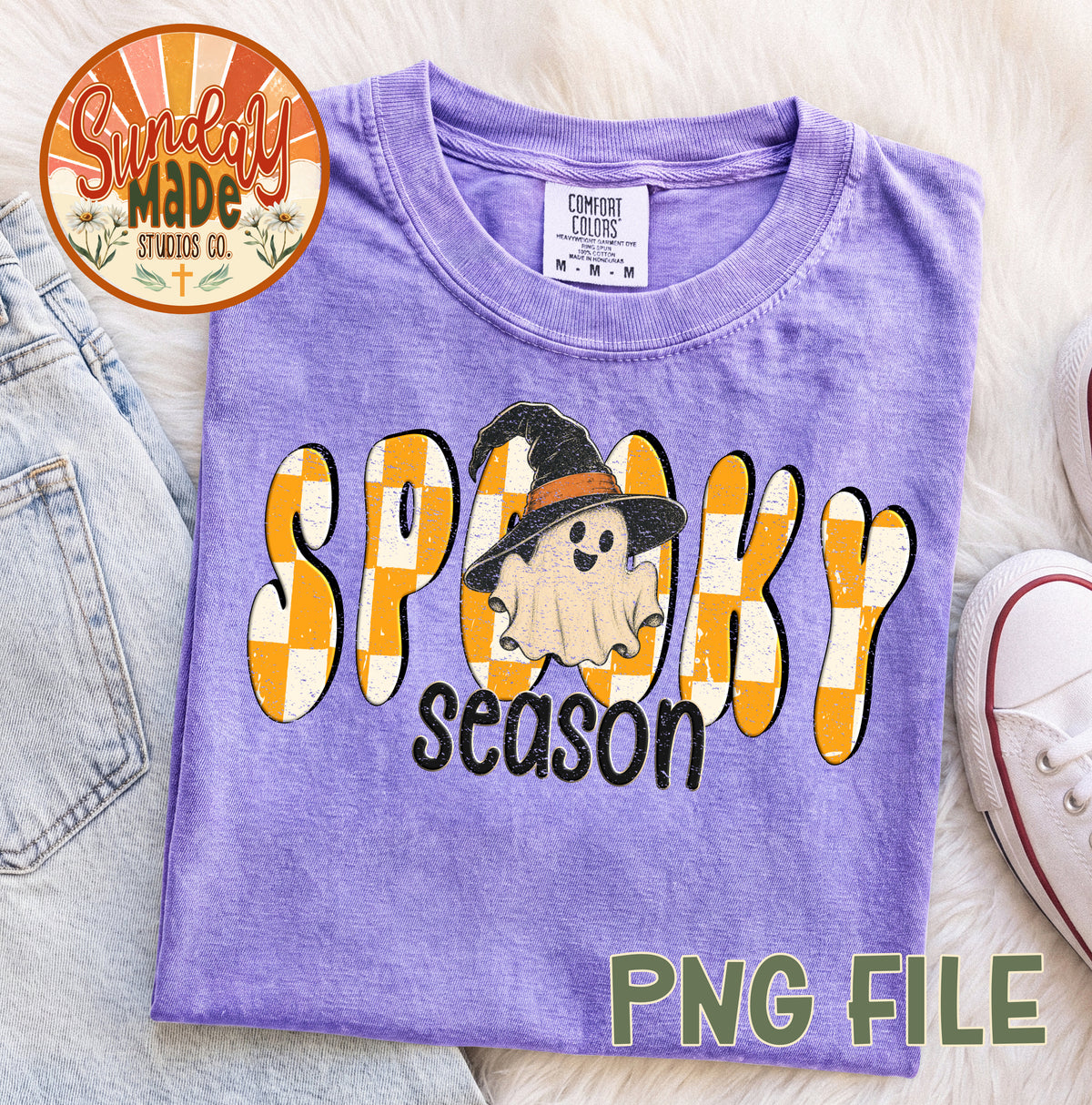 Spooky Season PNG | Orange Checkerboard Ghost Halloween Design