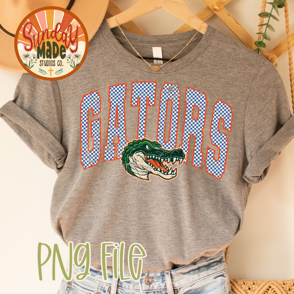 Vintage Gators PNG | Blue & Orange Checkered Gator Mascot Design