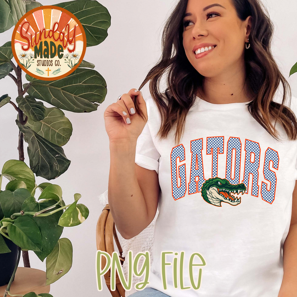 Vintage Gators PNG | Blue & Orange Checkered Gator Mascot Design