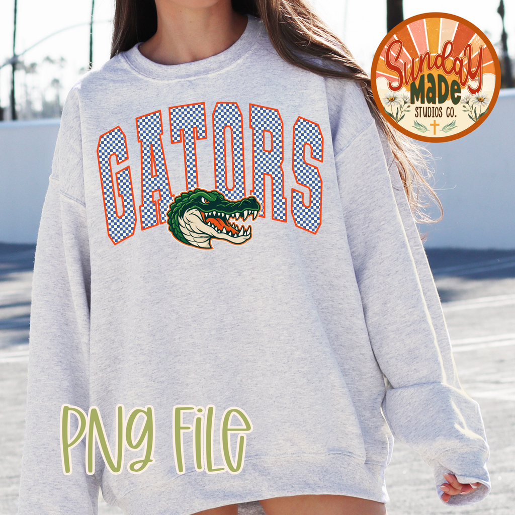 Vintage Gators PNG | Blue & Orange Checkered Gator Mascot Design