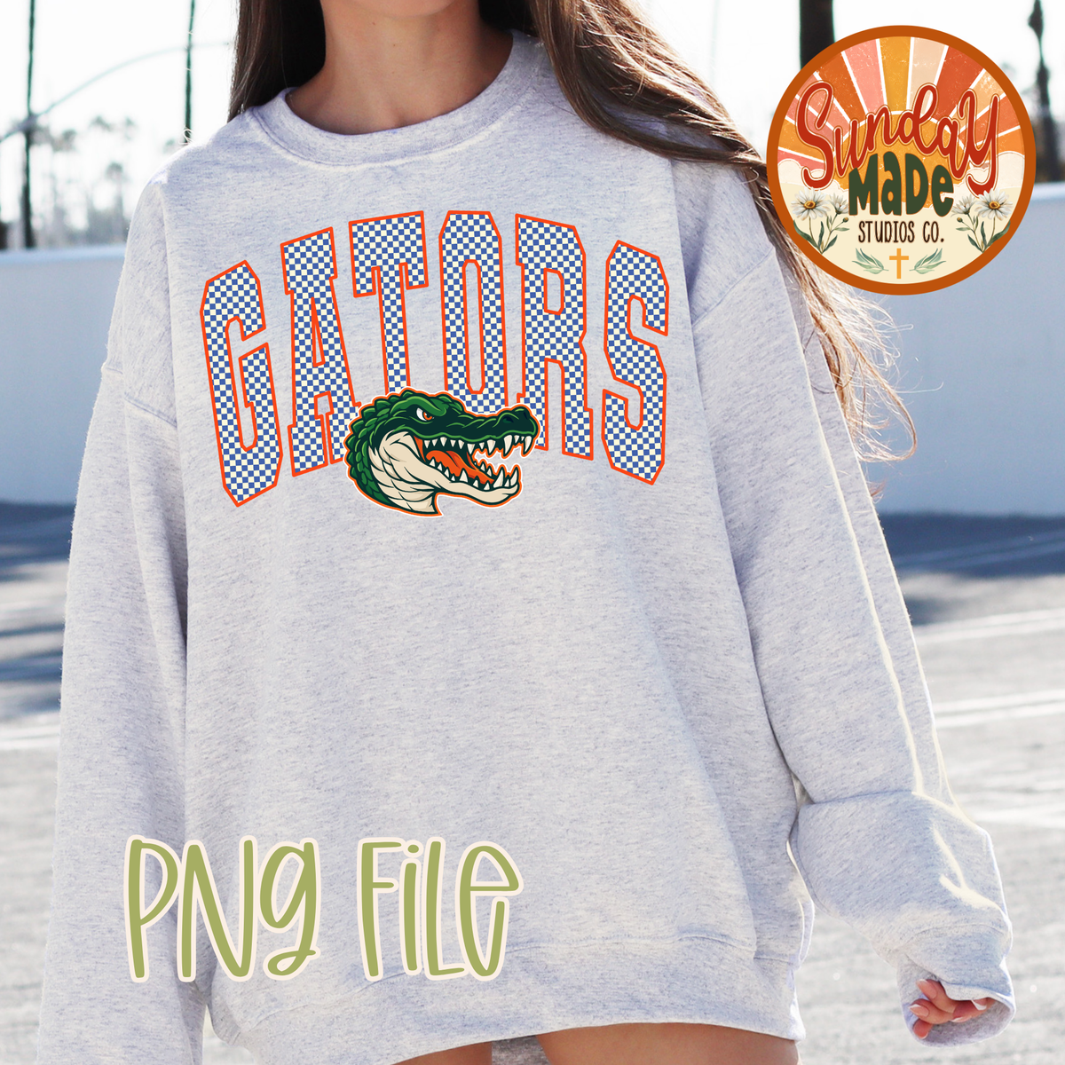 Vintage Gators PNG | Blue & Orange Checkered Gator Mascot Design