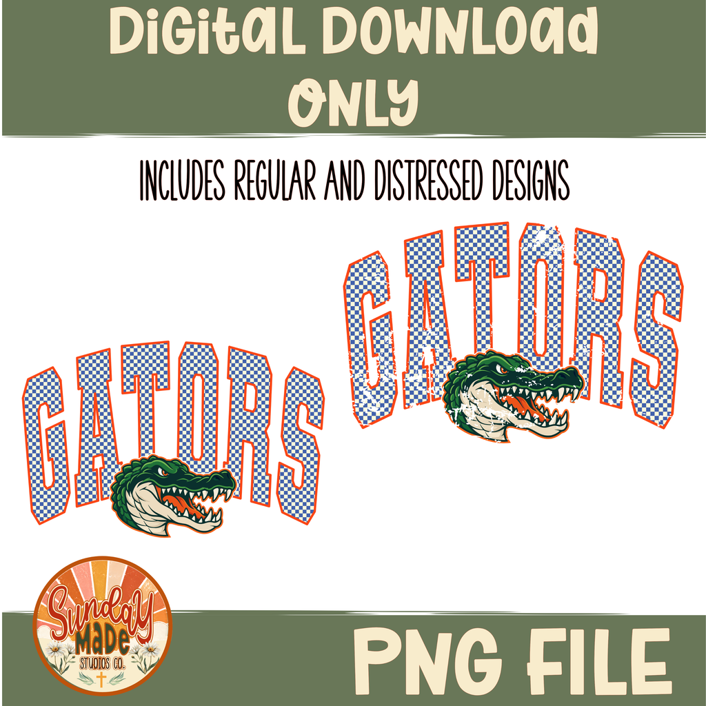 Vintage Gators PNG | Blue & Orange Checkered Gator Mascot Design